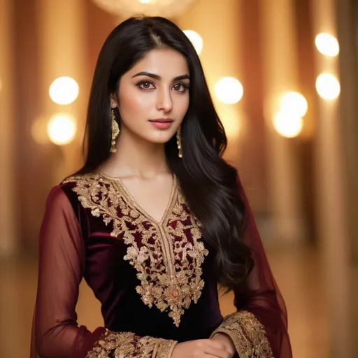 Prompt: (beautiful Pakistani female, 25 years old, long black hair), wearing a (magnificent maroon gown), (elegant pose), warm golden lighting, soft-focus background, high-quality details, vibrant color palette, serene ambiance, showcasing delicate features and expressive eyes, ultra-detailed, sophisticated atmosphere, graceful composure, rich fabric texture, enchanting visual storytelling.