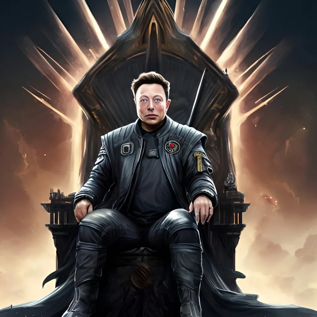 Prompt: Elon Musk in a bomber jacket sitting on throne in high fantasy art style