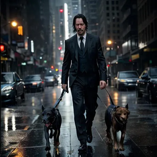 Prompt: Keanu Reeves in a suit with 2 gold 1911 pistols, walking a dog, rainy city setting, katana at waist, cinematic, high action, detailed facial features, professional photography, film noir style, cool blue tones, dramatic lighting, professional