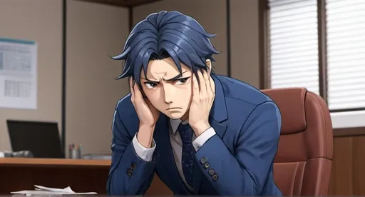 Prompt: Create a Japanese style anime male character who is worried because he is losing customers. He looks tense and holding his hear in his hands and he is wearing a blue suit and is in his office