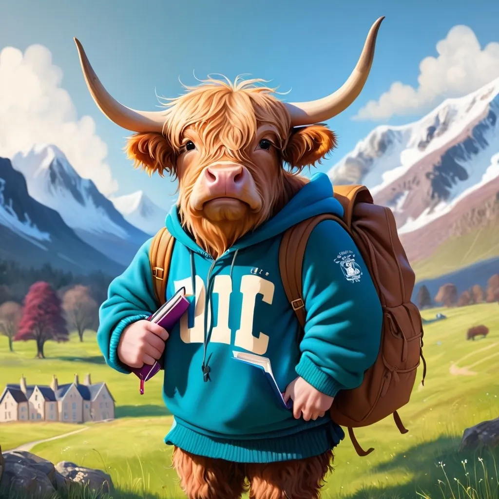 Prompt: Highland cow wearing a university hoodie carrying a backpack to college