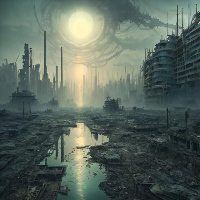 Prompt: Surreal digital art of a utopian future, post-apocalyptic dreamscape, polluted atmosphere in repair, abandoned cityscape underwater, decaying infrastructure, extreme weather patterns, hauntingly beautiful, high-res, ultra-detailed, digital rendering, surreal, toxic environment, human adaptation and evolution in action

