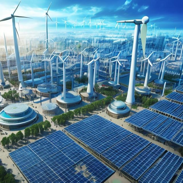 Prompt: Global energy infrastructure decarbonization at World Fair, futuristic renewable energy tech, sustainable cityscape, high-tech exhibition halls, diverse and eco-friendly design, 4k, ultra-detailed, futuristic, sustainable, renewable energy, high-tech, diverse, cityscape, professional, atmospheric lighting