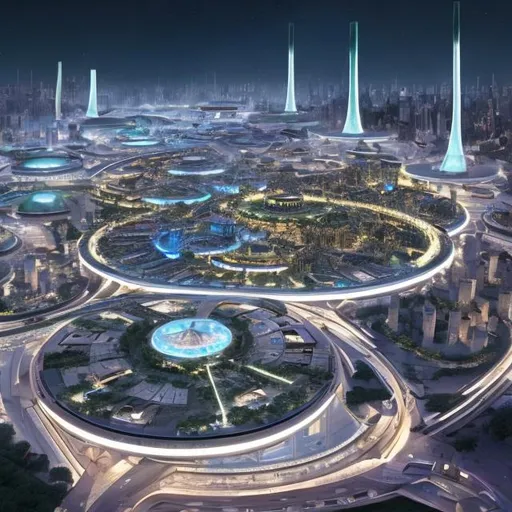 Prompt: Circular cities/EXPO 2030, global World Fair event, happening simultaneously, futuristic cityscapes, diverse architectural styles, sustainable infrastructure, vibrant and diverse crowd, highres, detailed, futuristic, global event, circular cities, sustainable architecture, diverse crowds, simultaneous, immersive lighting