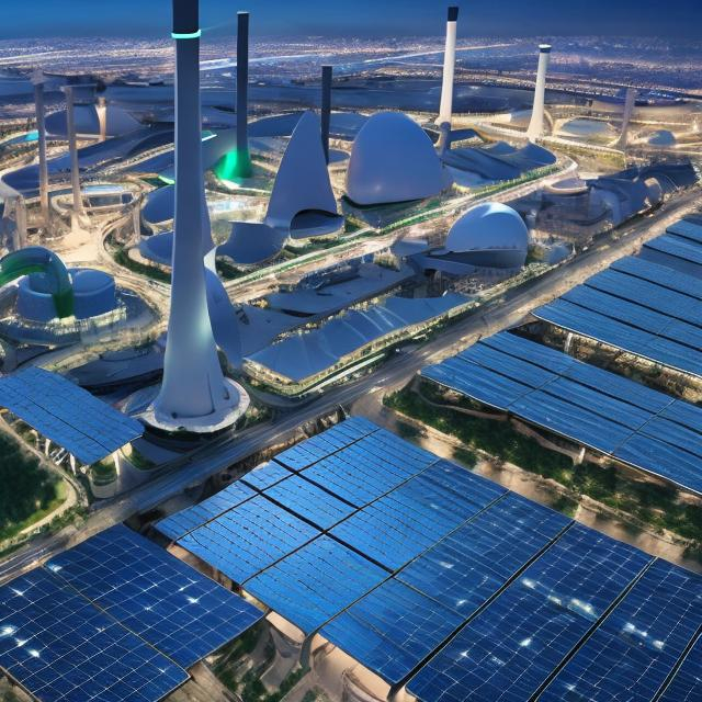 Prompt: Global energy infrastructure decarbonization at World Fair, futuristic renewable energy tech, sustainable cityscape, high-tech exhibition halls, diverse and eco-friendly design, 4k, ultra-detailed, futuristic, sustainable, renewable energy, high-tech, diverse, cityscape, professional, atmospheric lighting