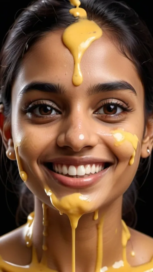 Prompt: Beautiful young Indian woman dripping in custard. Frontal view. Full body. Smiling. 8K. UHD. Photo realistic. Hyper detailed.
