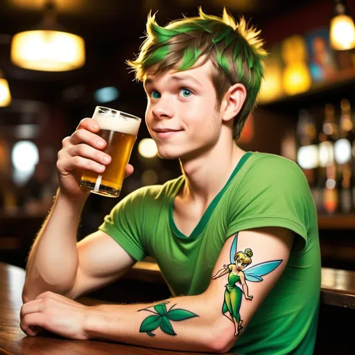 Prompt: In a cartoon theme, Have PeterPan enjoying a beer at a bar and PeterPan has a Tinkerbell tattoo on his sleeve.