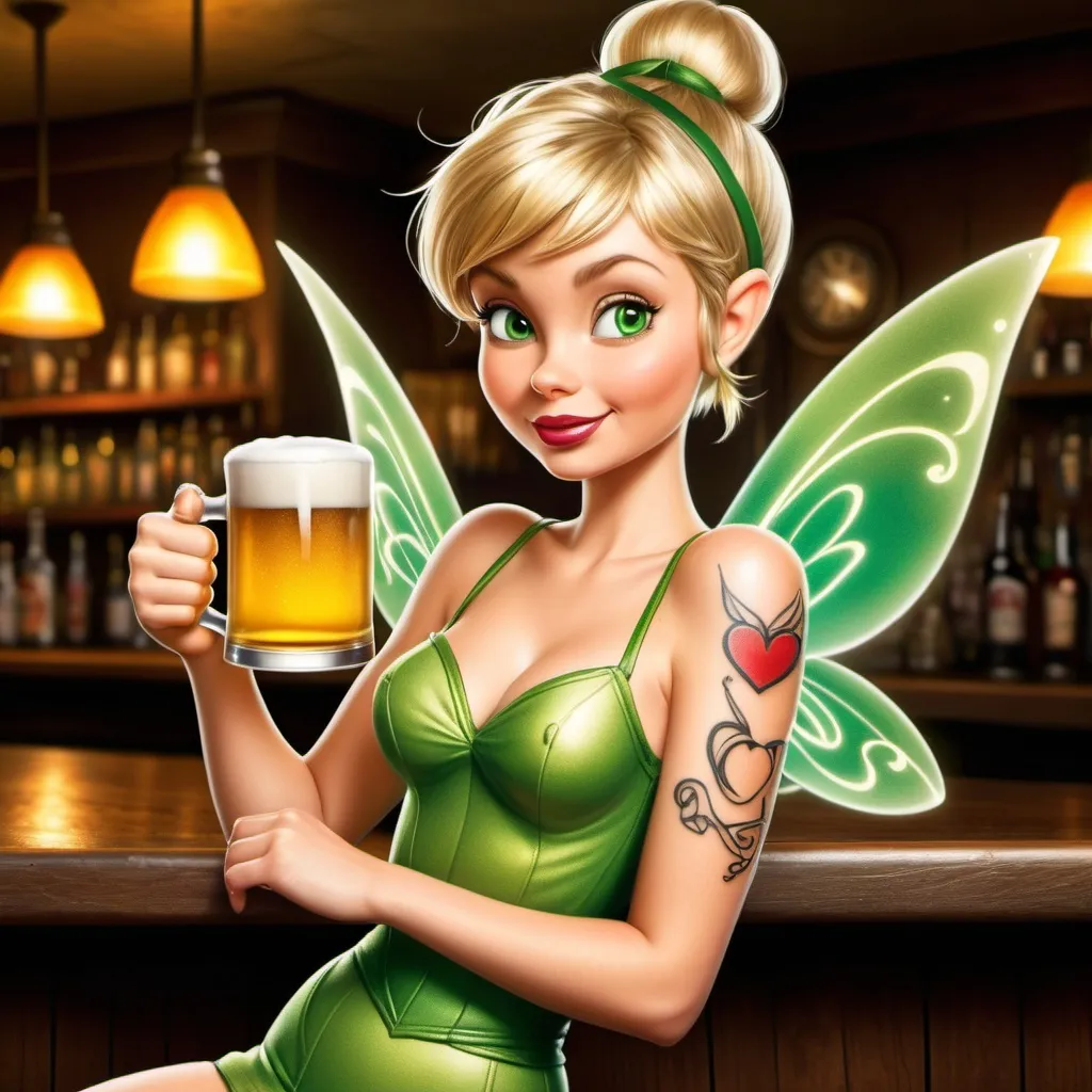 Prompt: In a cartoon theme, Have tinkerbell enjoying a beer at a bar and Tinkerbell has a tattoo on her arm of a heart with a banner under it that says PAN