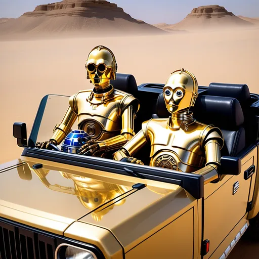 Prompt: Starwars c3po driving a convertable gold hummer with r2d2 in the passenger seat. 