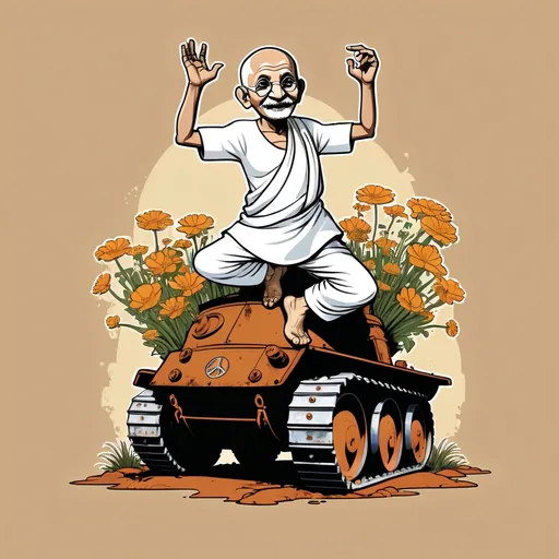 Prompt: In a cartoon theme, have Gandhi dancing on a rusted tank covered in growing flowers. Gandhi is wearing a shirt with a peace symbol on it.