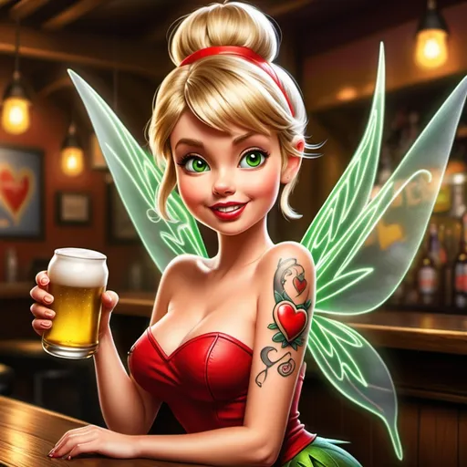 Prompt: In a cartoon theme, Have tinkerbell enjoying a beer at a bar and Tinkerbell has a tattoo on her arm of a red heart with a banner under it with the letters that says Pan in the banner