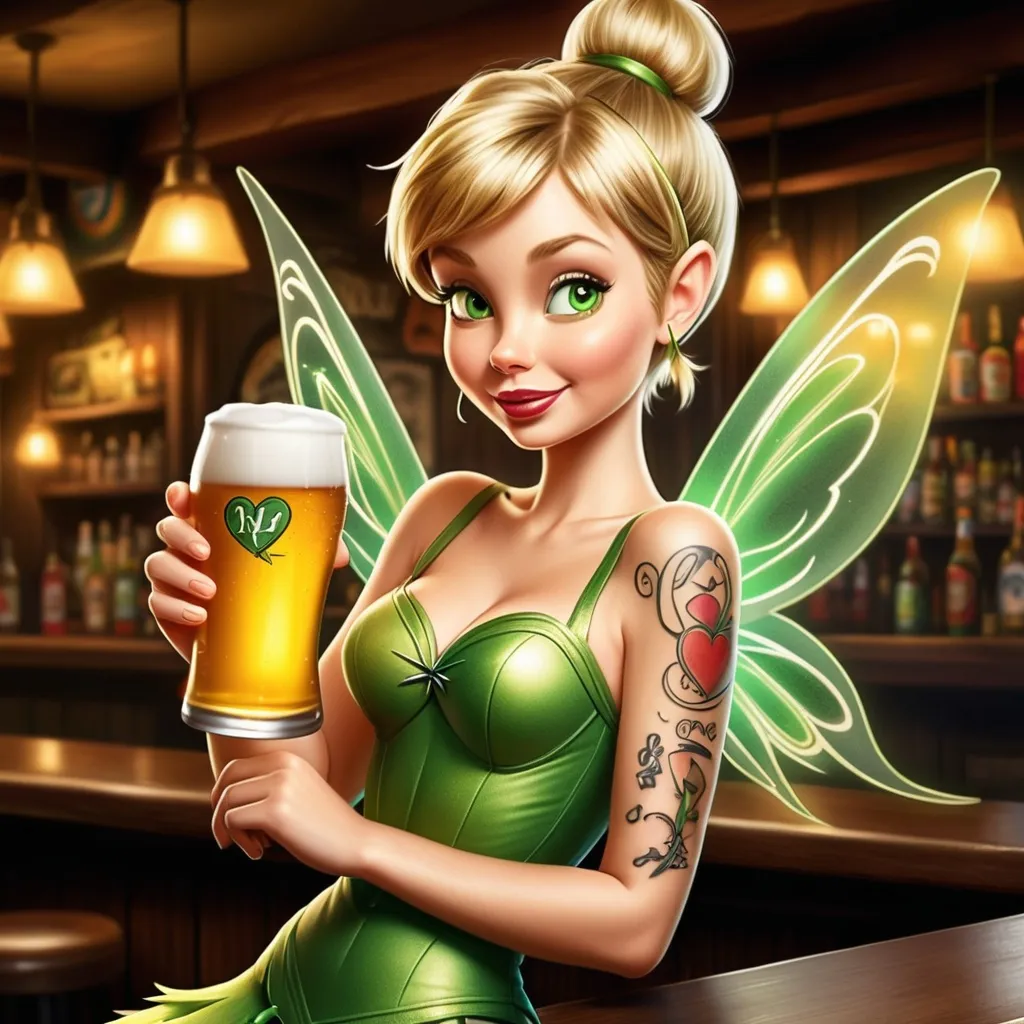 Prompt: In a cartoon theme, Have tinkerbell enjoying a beer at a bar and Tinkerbell has a tattoo on her arm of a heart with a banner under it that says PAN