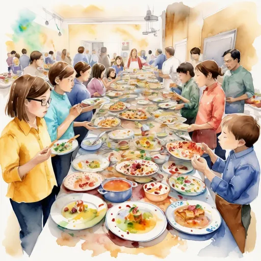 Prompt: Capture the aftermath of a vibrant potluck feast on a Friday afternoon, where the remnants of culinary delights are left behind, telling the story of shared meals and satisfied hunger. Let your watercolors flow to depict the scattered plates, half-eaten treats, and the essence of camaraderie lingering in the air, as teachers gather, savor, and leave their mark on the culinary canvas of community. Include the sad faces of those who missed the feast in background.