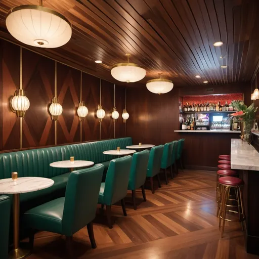 Prompt: To generate an image for a bar/lounge with a wood-slatted chevron pattern ceiling in the style of a posh 1960s-era bowling alley lounge, consider these elements:

### Description:
- **Ceiling**: Wood slatted with a chevron pattern, rich, dark wood tones.
- **Lighting**: Mid-century modern pendant lights and sconces with brass and frosted glass accents.
- **Furniture**: Plush velvet booths and low-slung armchairs in deep, vibrant colors like emerald green or burgundy. 
- **Bar**: A sleek, elongated bar with a glossy finish, possibly with a marble or polished wood top.
- **Decor**: Subtle retro touches such as geometric patterns, vintage posters, and decorative plants.
- **Flooring**: Polished wood or terrazzo with a subtle, elegant pattern.

### Color Palette:
- Rich browns and dark wood tones.
- Jewel tones like emerald green, deep burgundy, and navy blue.
- Accents of brass and gold.
- Soft, warm lighting to enhance the cozy, retro atmosphere.

You can use this description to guide an artist or designer to create the image, or utilize an AI image generation tool to visualize these details. If you have access to specific tools like DALL-E, Midjourney, or similar, you can input these descriptive elements to generate the desired image.

Make the booths more cocktail lounge with low arm chairs and marble table tops and a dance floor w a dj booth towards the back

Expand the color palette to include pops of color