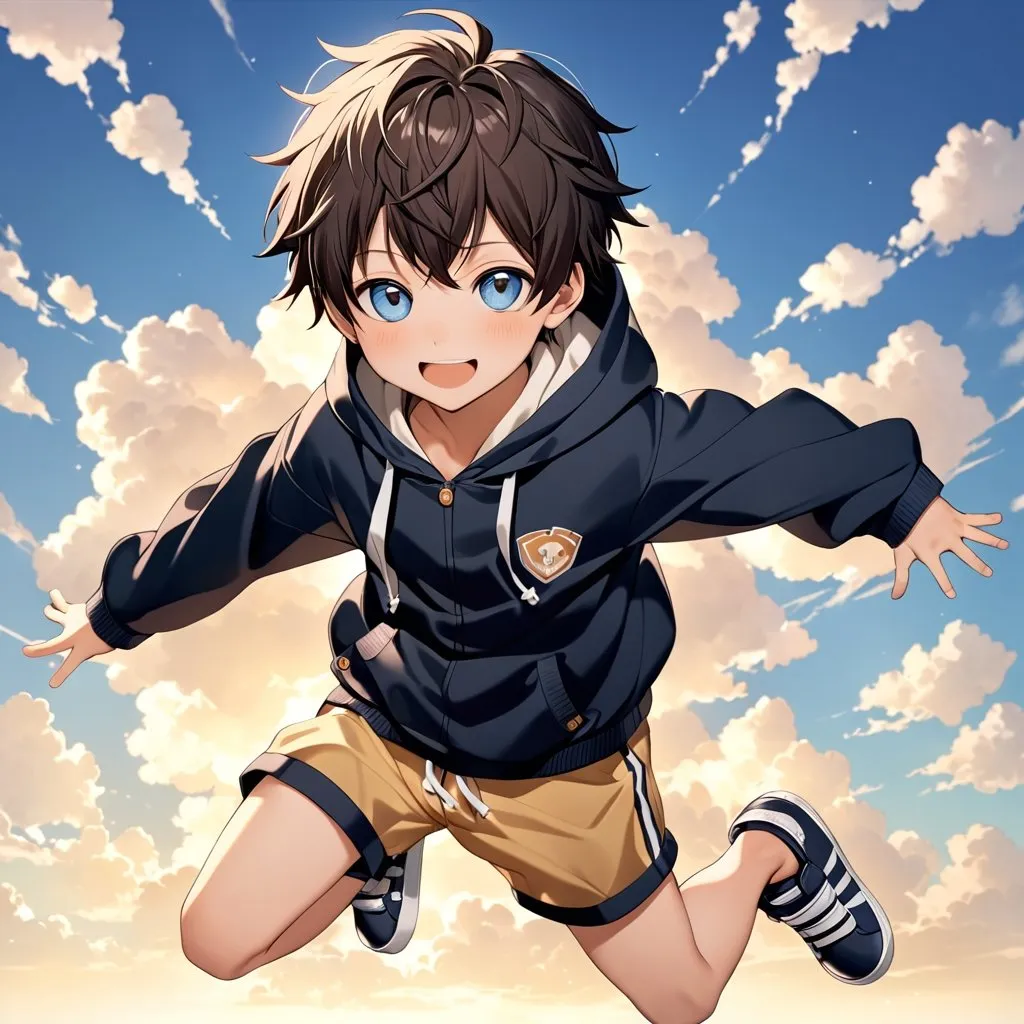 Prompt: A breathtaking masterpiece showcasing the best quality artistry, featuring the stunning portrayal of an elementary school boy with expressive round eyes and a perfect face. The young boy, characterized as a shota, captivates the viewer's attention with his adorable appearance. Dressed in a cozy hoodie, comfortable short shorts, and velcro shoes, he exudes an undeniable cuteness. The artwork beautifully captures the essence of his prepubescent charm, showcasing the innocence and joy of childhood. The attention to detail and craftsmanship in this piece make it an exceptional portrayal of a young, lovable child, leaving a lasting impression on all who behold it. He's in a jumping pose. 