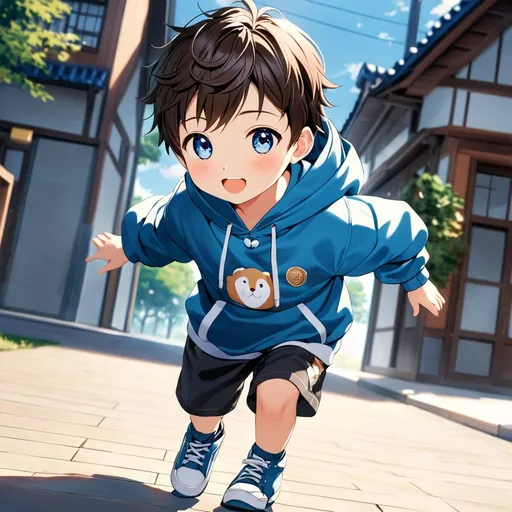 Prompt: A breathtaking masterpiece showcasing the best quality artistry, featuring the stunning portrayal of an elementary school boy with expressive round eyes and a perfect face. The young boy, characterized as a shota, captivates the viewer's attention with his adorable appearance. Dressed in a cozy hoodie, comfortable short shorts, and velcro shoes, he exudes an undeniable cuteness. The artwork beautifully captures the essence of his prepubescent charm, showcasing the innocence and joy of childhood. The attention to detail and craftsmanship in this piece make it an exceptional portrayal of a young, lovable child, leaving a lasting impression on all who behold it. He's in a dynamic pose.