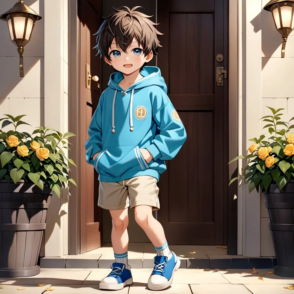 Prompt: A breathtaking masterpiece showcasing the best quality artistry, featuring the stunning portrayal of an elementary school boy with expressive round eyes and a perfect face. The young boy, characterized as a shota, captivates the viewer's attention with his adorable appearance. Dressed in a cozy hoodie, comfortable short shorts, and velcro shoes, he exudes an undeniable cuteness. The artwork beautifully captures the essence of his prepubescent charm, showcasing the innocence and joy of childhood. The attention to detail and craftsmanship in this piece make it an exceptional portrayal of a young, lovable child, leaving a lasting impression on all who behold it. 