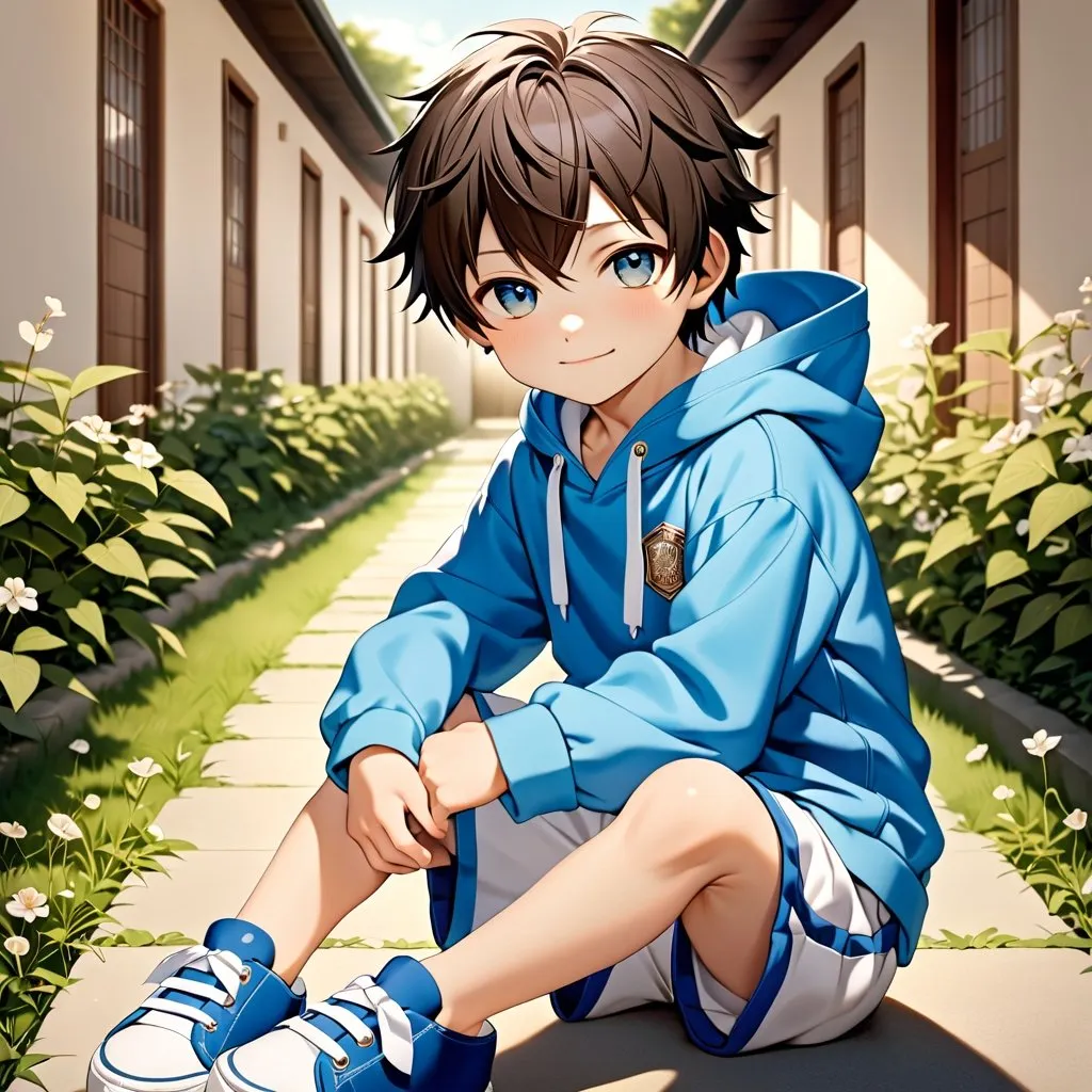 Prompt: A breathtaking masterpiece showcasing the best quality artistry, featuring the stunning portrayal of an elementary school boy with expressive round eyes and a perfect face. The young boy, characterized as a shota, captivates the viewer's attention with his adorable appearance. Dressed in a cozy hoodie, comfortable short shorts, and velcro shoes, he exudes an undeniable cuteness. The artwork beautifully captures the essence of his prepubescent charm, showcasing the innocence and joy of childhood. The attention to detail and craftsmanship in this piece make it an exceptional portrayal of a young, lovable child, leaving a lasting impression on all who behold it. 