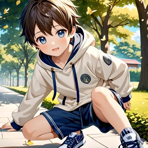 Prompt: A breathtaking masterpiece showcasing the best quality artistry, featuring the stunning portrayal of an elementary school boy with expressive round eyes and a perfect face. The young boy, characterized as a shota, captivates the viewer's attention with his adorable appearance. Dressed in a cozy hoodie, comfortable short shorts, and velcro shoes, he exudes an undeniable cuteness. The artwork beautifully captures the essence of his prepubescent charm, showcasing the innocence and joy of childhood. The attention to detail and craftsmanship in this piece make it an exceptional portrayal of a young, lovable child, leaving a lasting impression on all who behold it. He's in a very dynamic pose.