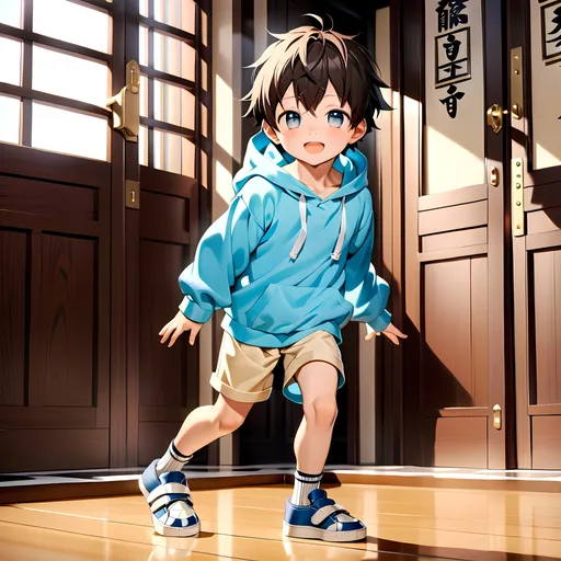 Prompt: A breathtaking masterpiece showcasing the best quality artistry, featuring the stunning portrayal of an elementary school boy with expressive round eyes and a perfect face. The young boy, characterized as a shota, captivates the viewer's attention with his adorable appearance. Dressed in a cozy hoodie, comfortable short shorts, and velcro shoes, he exudes an undeniable cuteness. The artwork beautifully captures the essence of his prepubescent charm, showcasing the innocence and joy of childhood. The attention to detail and craftsmanship in this piece make it an exceptional portrayal of a young, lovable child, leaving a lasting impression on all who behold it. 