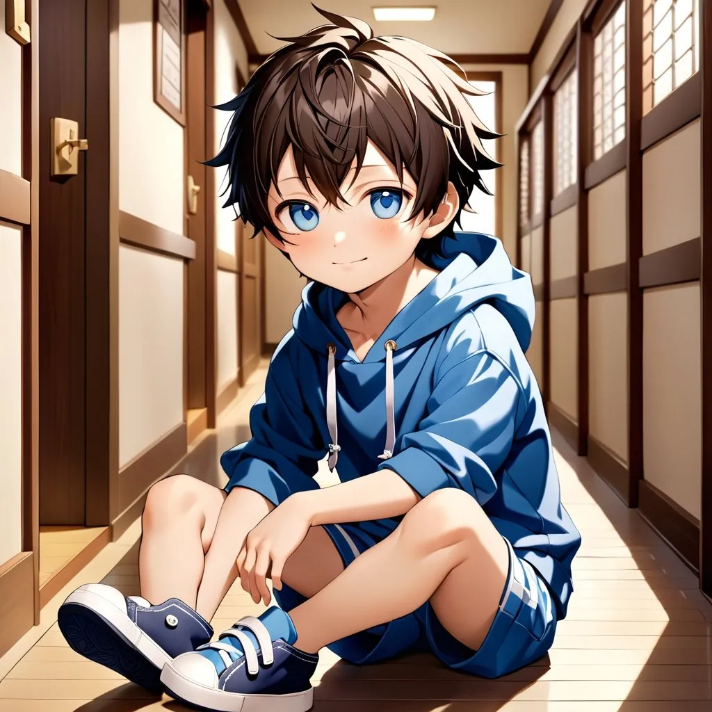 Prompt: A breathtaking masterpiece showcasing the best quality artistry, featuring the stunning portrayal of an elementary school boy with expressive round eyes and a perfect face. The young boy, characterized as a shota, captivates the viewer's attention with his adorable appearance. Dressed in a cozy hoodie, comfortable short shorts, and velcro shoes, he exudes an undeniable cuteness. The artwork beautifully captures the essence of his prepubescent charm, showcasing the innocence and joy of childhood. The attention to detail and craftsmanship in this piece make it an exceptional portrayal of a young, lovable child, leaving a lasting impression on all who behold it. 