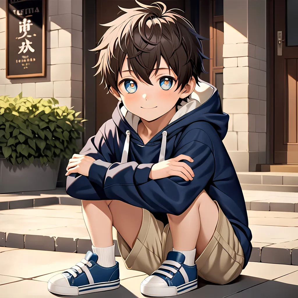 Prompt: A breathtaking masterpiece showcasing the best quality artistry, featuring the stunning portrayal of an elementary school boy with expressive round eyes and a perfect face. The young boy, characterized as a shota, captivates the viewer's attention with his adorable appearance. Dressed in a cozy hoodie, comfortable short shorts, and velcro shoes, he exudes an undeniable cuteness. The artwork beautifully captures the essence of his prepubescent charm, showcasing the innocence and joy of childhood. The attention to detail and craftsmanship in this piece make it an exceptional portrayal of a young, lovable child, leaving a lasting impression on all who behold it. 