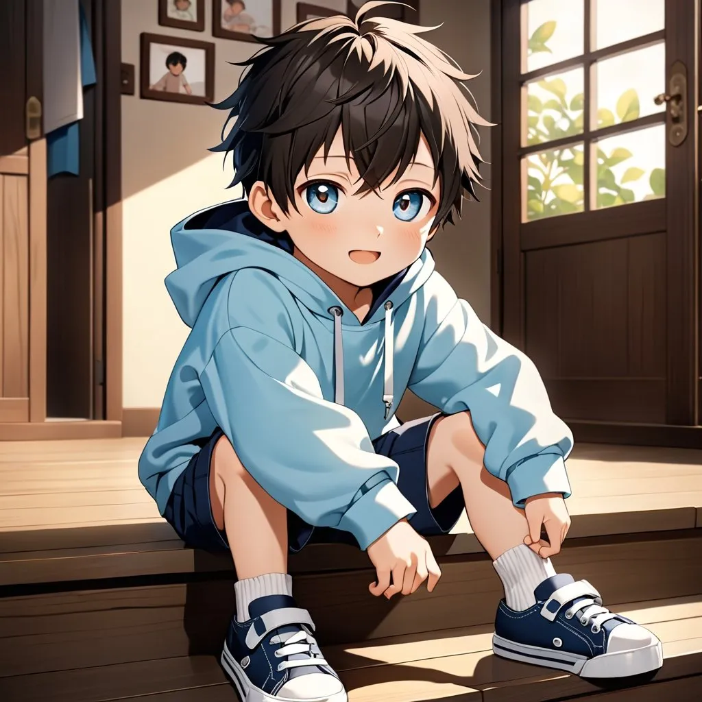 Prompt: A breathtaking masterpiece showcasing the best quality artistry, featuring the stunning portrayal of an elementary school boy with expressive round eyes and a perfect face. The young boy, characterized as a shota, captivates the viewer's attention with his adorable appearance. Dressed in a cozy hoodie, comfortable short shorts, and velcro shoes, he exudes an undeniable cuteness. The artwork beautifully captures the essence of his prepubescent charm, showcasing the innocence and joy of childhood. The attention to detail and craftsmanship in this piece make it an exceptional portrayal of a young, lovable child, leaving a lasting impression on all who behold it. 