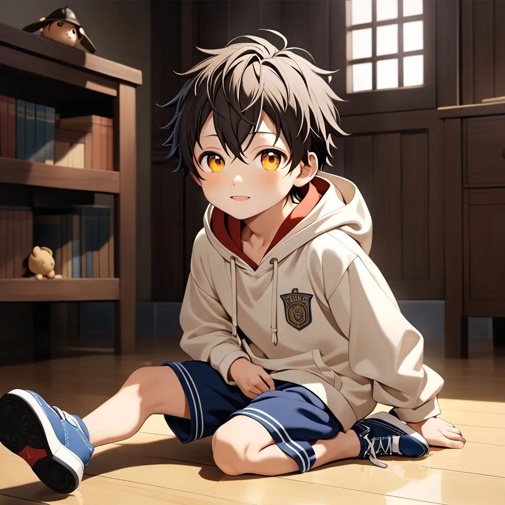 Prompt: A breathtaking masterpiece showcasing the best quality artistry, featuring the stunning portrayal of an elementary school boy with expressive round eyes and a perfect face. The young boy, characterized as a shota, captivates the viewer's attention with his adorable appearance. Dressed in a cozy hoodie, comfortable short shorts, and velcro shoes, he exudes an undeniable cuteness. The artwork beautifully captures the essence of his prepubescent charm, showcasing the innocence and joy of childhood. The attention to detail and craftsmanship in this piece make it an exceptional portrayal of a young, lovable child, leaving a lasting impression on all who behold it. He's in a dynamic pose.