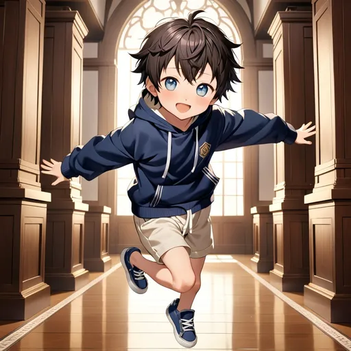 Prompt: A breathtaking masterpiece showcasing the best quality artistry, featuring the stunning portrayal of an elementary school boy with expressive round eyes and a perfect face. The young boy, characterized as a shota, captivates the viewer's attention with his adorable appearance. Dressed in a cozy hoodie, comfortable short shorts, and velcro shoes, he exudes an undeniable cuteness. The artwork beautifully captures the essence of his prepubescent charm, showcasing the innocence and joy of childhood. The attention to detail and craftsmanship in this piece make it an exceptional portrayal of a young, lovable child, leaving a lasting impression on all who behold it. He's in a jumping pose. 