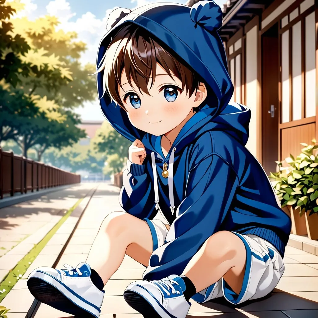 Prompt: A breathtaking masterpiece showcasing the best quality artistry, featuring the stunning portrayal of an elementary school boy with expressive round eyes and a perfect face. The young boy, characterized as a shota, captivates the viewer's attention with his adorable appearance. Dressed in a cozy hoodie, comfortable short shorts, and velcro shoes, he exudes an undeniable cuteness. The artwork beautifully captures the essence of his prepubescent charm, showcasing the innocence and joy of childhood. The attention to detail and craftsmanship in this piece make it an exceptional portrayal of a young, lovable child, leaving a lasting impression on all who behold it. 