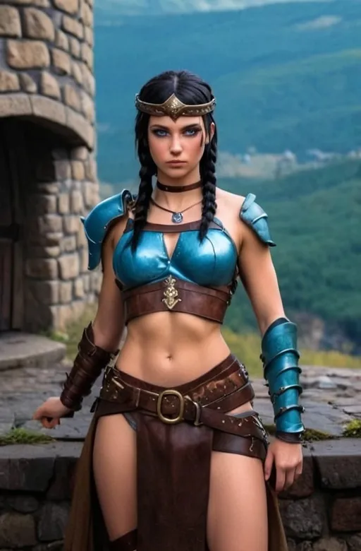 Prompt: brown leather armor with small breastplate with scar on the abdomen visible navel Young woman with black hair with braids and blue eyes the beautiful medieval warrior looks at the valley below the castle