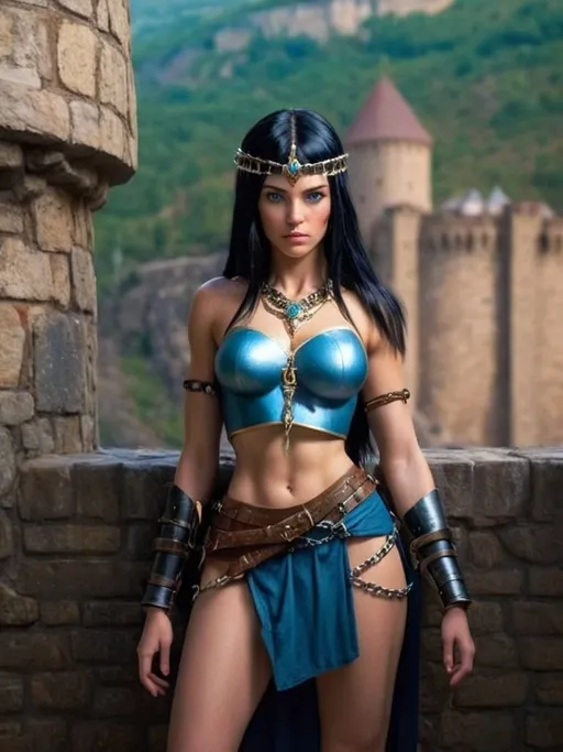 Prompt: armor with small breastplate with scar on the abdomen visible navel with short skirts made of chains Young woman with straight black hair and blue eyes the beautiful medieval aequeira looks at the valley below the castle