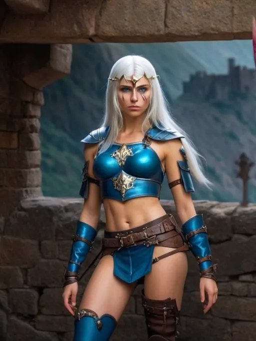 Prompt: armor with small breastplate with scar on the abdomen visible navel Young woman with straight white hair and blue eyes the beautiful medieval warrior looks at the valley below the castle