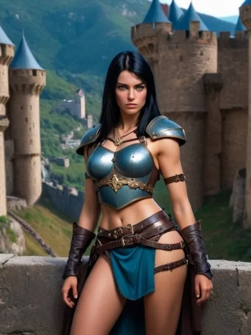 Prompt: armor with small breastplate with scar on the abdomen visible navel Young woman with straight black hair and blue eyes the beautiful medieval aequeira looks at the valley below the castle