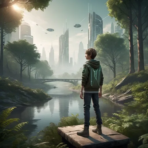 Prompt: Full-body depiction of a teen boy, futuristic forest and river setting, hazy cityscape, art platform, ultra-high resolution, advanced rendering engine, cutting-edge game development software, intricate craftsmanship, artistic concept, lifelike representation, exquisite precision, compositional balance in thirds.