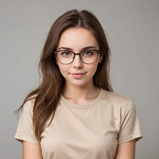 Prompt: Eyeglasses brown haired young woman beige t shirt