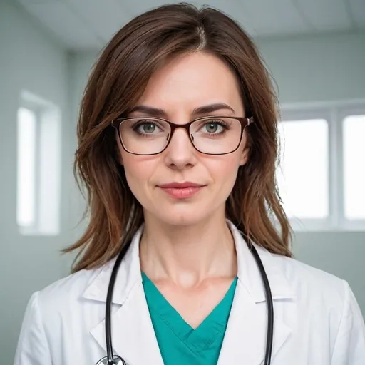 Prompt: Eyeglasses brown haired woman white doctor suit