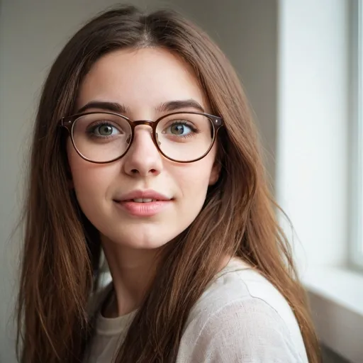 Prompt: Eyeglasses brown haired young woman
