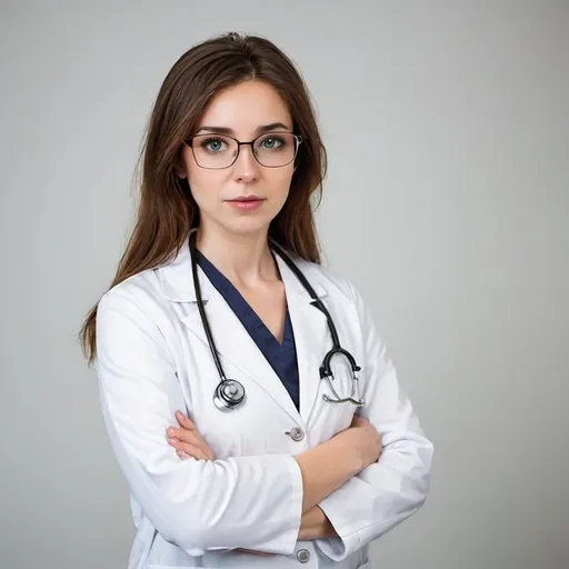 Prompt: Eyeglasses brown haired young woman white doctor suit