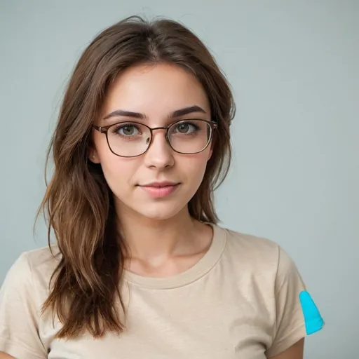 Prompt: Eyeglasses brown haired young woman beige t shirt