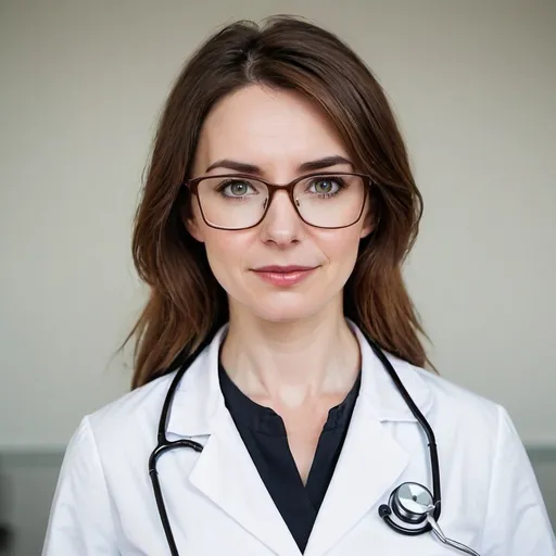 Prompt: Eyeglasses brown haired woman white doctor suit