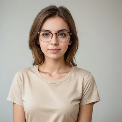 Prompt: Eyeglasses brown haired young woman beige t shirt