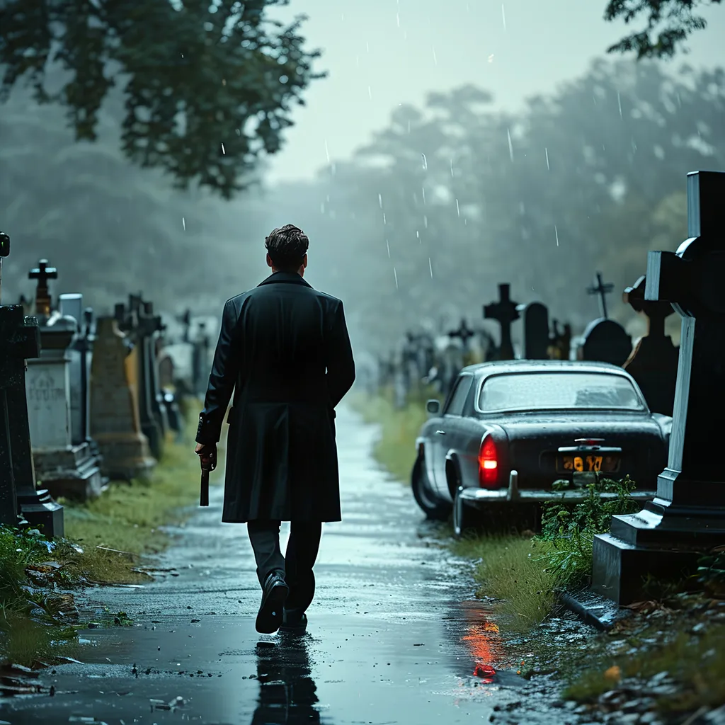 Prompt: A man walking through a graveyard, surrounded by graves in the pouring rain with dark clouds in the sky. He is wearing a black tuxedo and holding a pistol. His back is to the camera. There is a shiny grey car in the background with one of the doors open