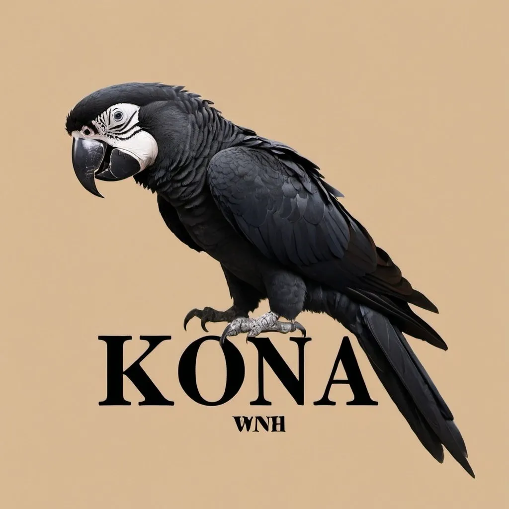 Prompt: A black parrot sitting on text that says kona with a beige background