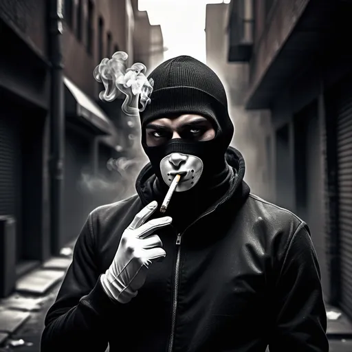 Prompt: (male figure wearing a black balaclava), smoking a fake cigarette, adorned with white gloves, (intense expression), set against a dim, gritty urban background, shadows adding a mysterious vibe, (high contrast), monochrome color scheme with accent of dark tones, (dramatic lighting) highlighting the figure, (photorealistic), ultra-detailed, capturing an edgy atmosphere.