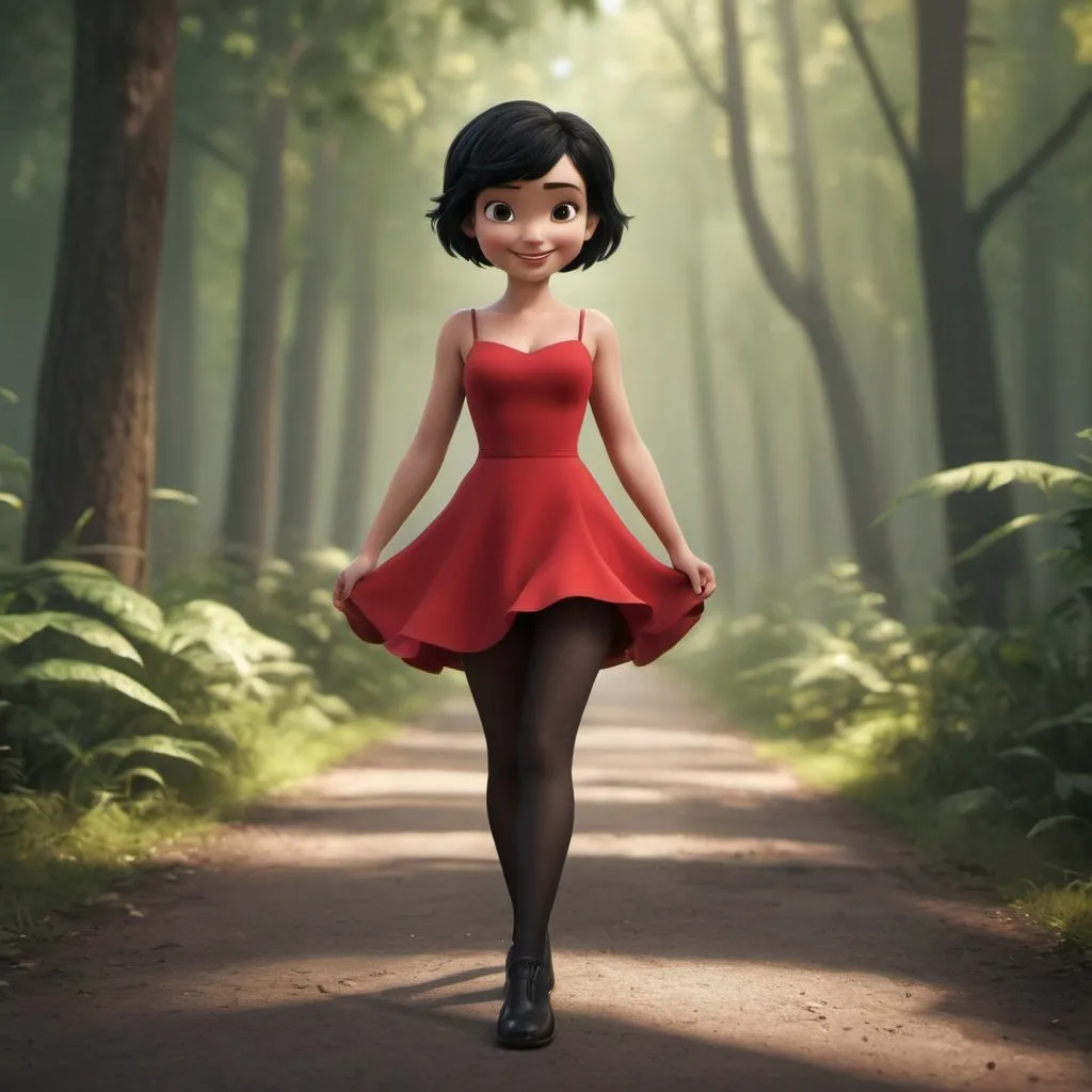 Prompt: Disney pixar character, 3d render style, Tinkerbell, black transparent tights, short jet black bob haircut, short red dress, black shoes, walking in front of camera, huge smile, full body, forrest background, cinematic colors