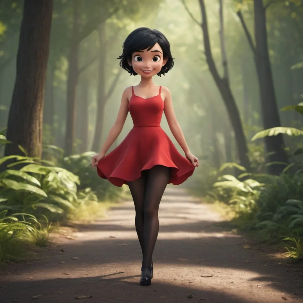 Prompt: Disney pixar character, 3d render style, Tinkerbell, black transparent tights, short jet black bob haircut, short red dress, black shoes, walking in front of camera, huge smile, full body, forrest background, cinematic colors