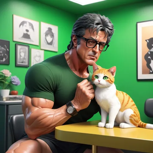 Prompt: anime Sylvester stallone with glasses petting a cat in a green room, realistic anime 3d style, artgerm and atey ghailan, realistic anime artstyle, detailed digital anime art, realistic anime art style, anime realism style, painted in anime painter studio, photorealistic anime girl render, 3d  anime realistic