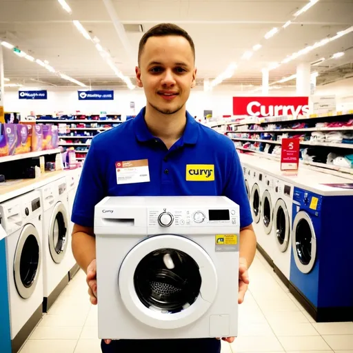 Prompt: Picture of Currys colleague in Currys store holding small washing machine

