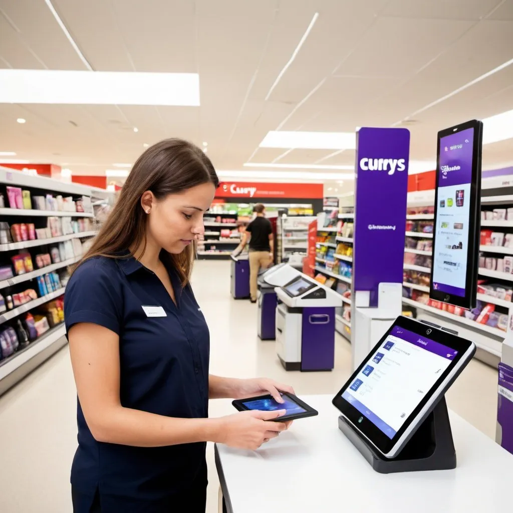 Prompt: Self checkout tablet in Currys store used by Currys colleague 
